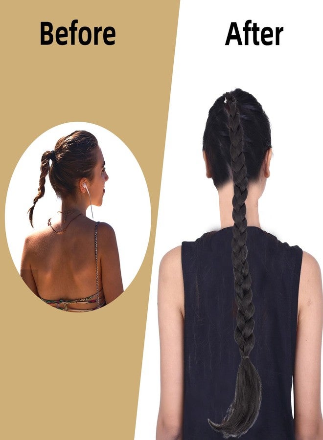 NICENEEDED Long Braid Ponytail Extension, Black Straight Sleek Wrap Around Braid Hair Extensions, 31.5 Inch Synthetic Drawstring Ponytail for Women Daily Wear - Image 3